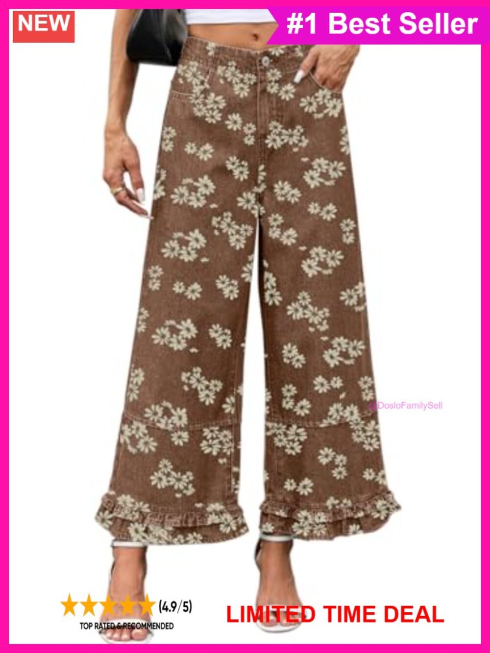 Y2K Crop Ruffle Hem Wide Leg Jeans Floral Patchwork Denim Pants